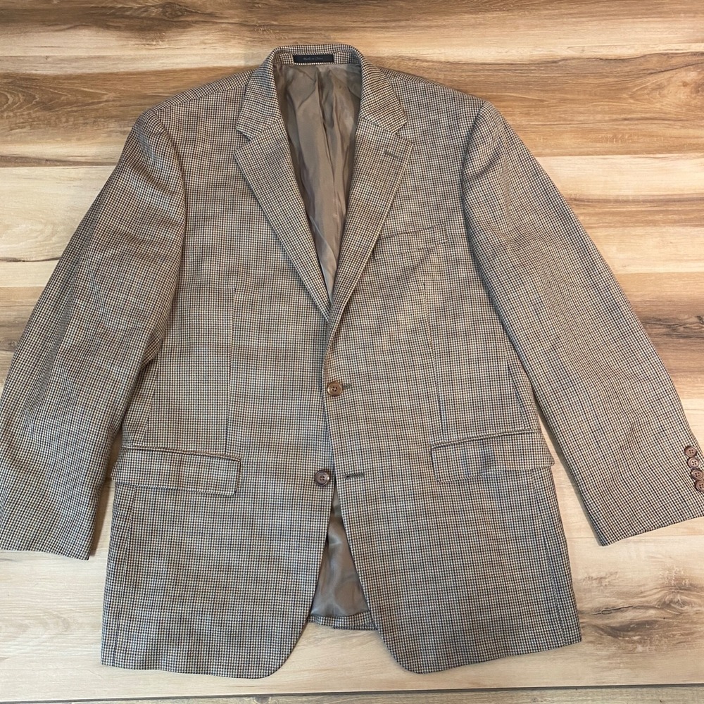 Lauren Ralph Lauren Blazer 42R Sport Coat Silk Wool Houndstooth Brown Tan Mens